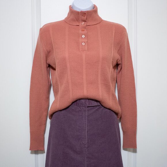 Retro Knitivo Sweater Mockneck Coral Peach Ribbed Button Top Korea | Soft Autumn - Picture 1 of 7